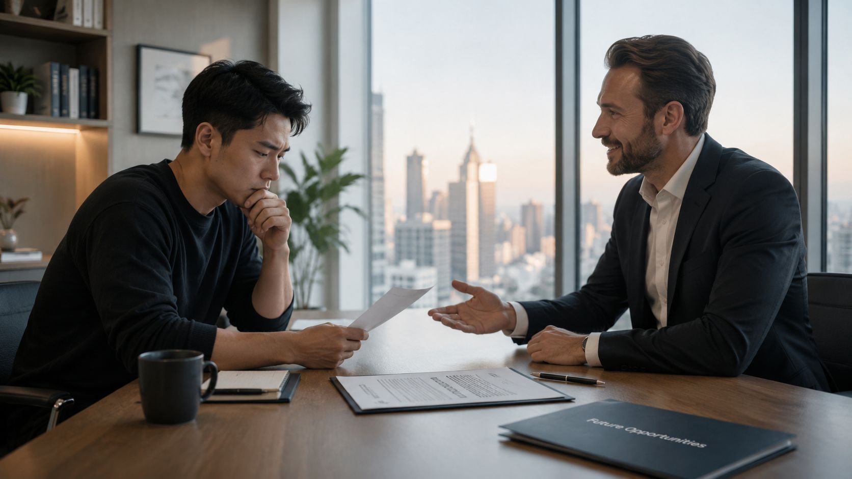 An interviewer in a suit talks to a focused young man reading a document in an office.