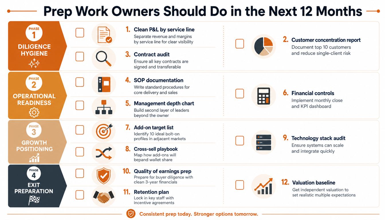 A four-phase strategic roadmap for business owners preparing for exit or growth in the next twelve months.