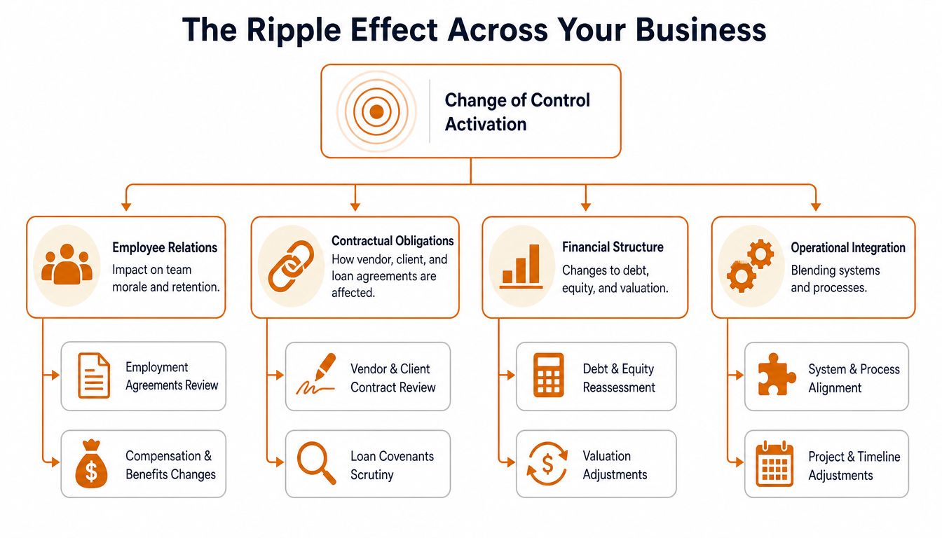 A flow chart illustrating how a change of control event impacts various business areas including operations and finance.
