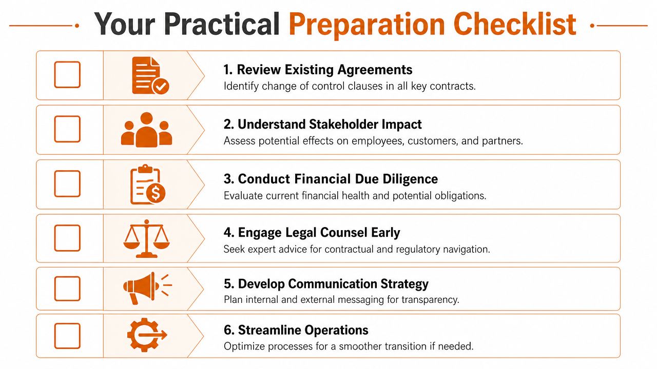 A six-step checklist for business owners preparing for a potential change of control in their organization.
