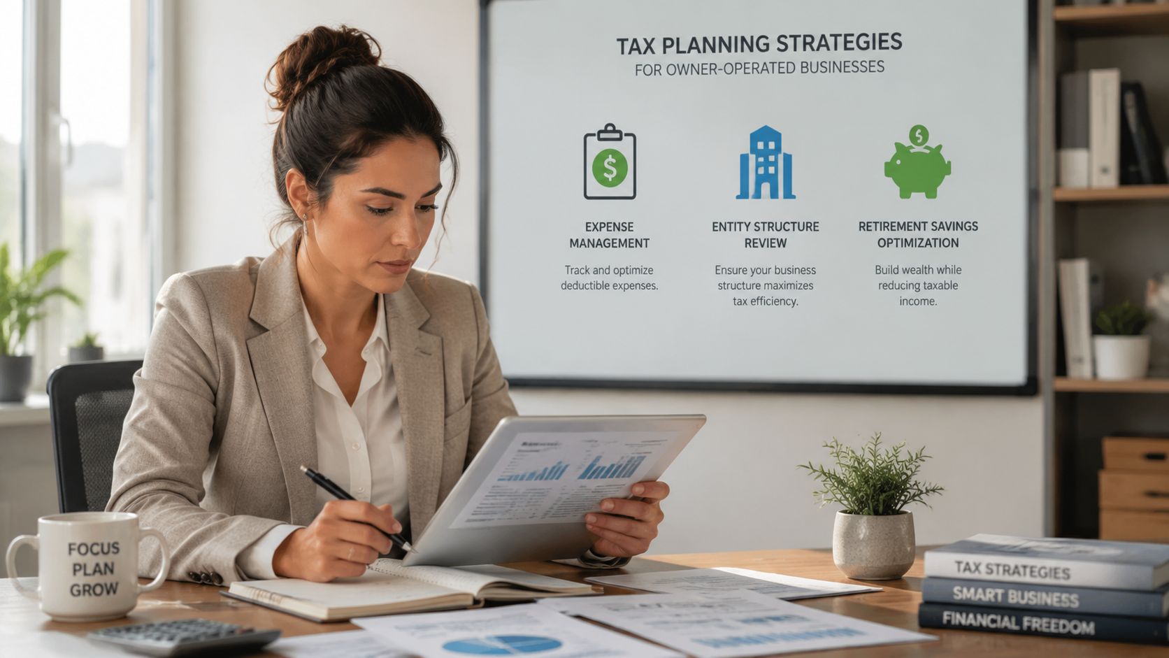A professional woman working on corporate tax planning strategies while reviewing business financial documents at her desk.