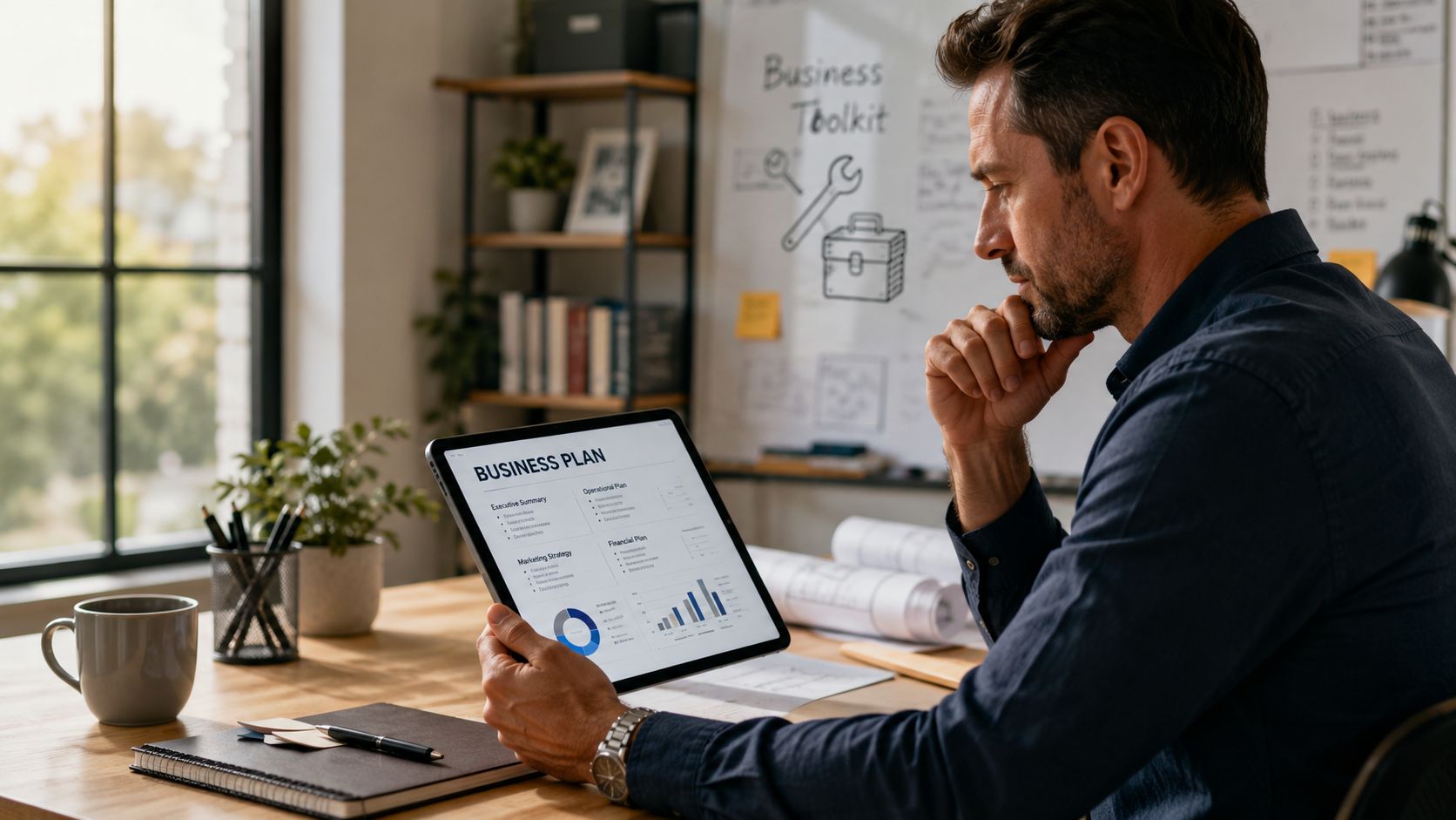 A professional man reviewing a business plan on a digital tablet at his home office desk.
