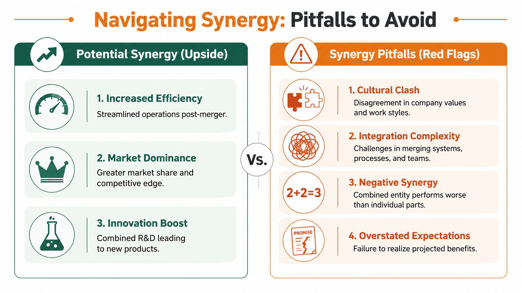 An infographic comparing potential business synergy benefits with common integration pitfalls and red flags.