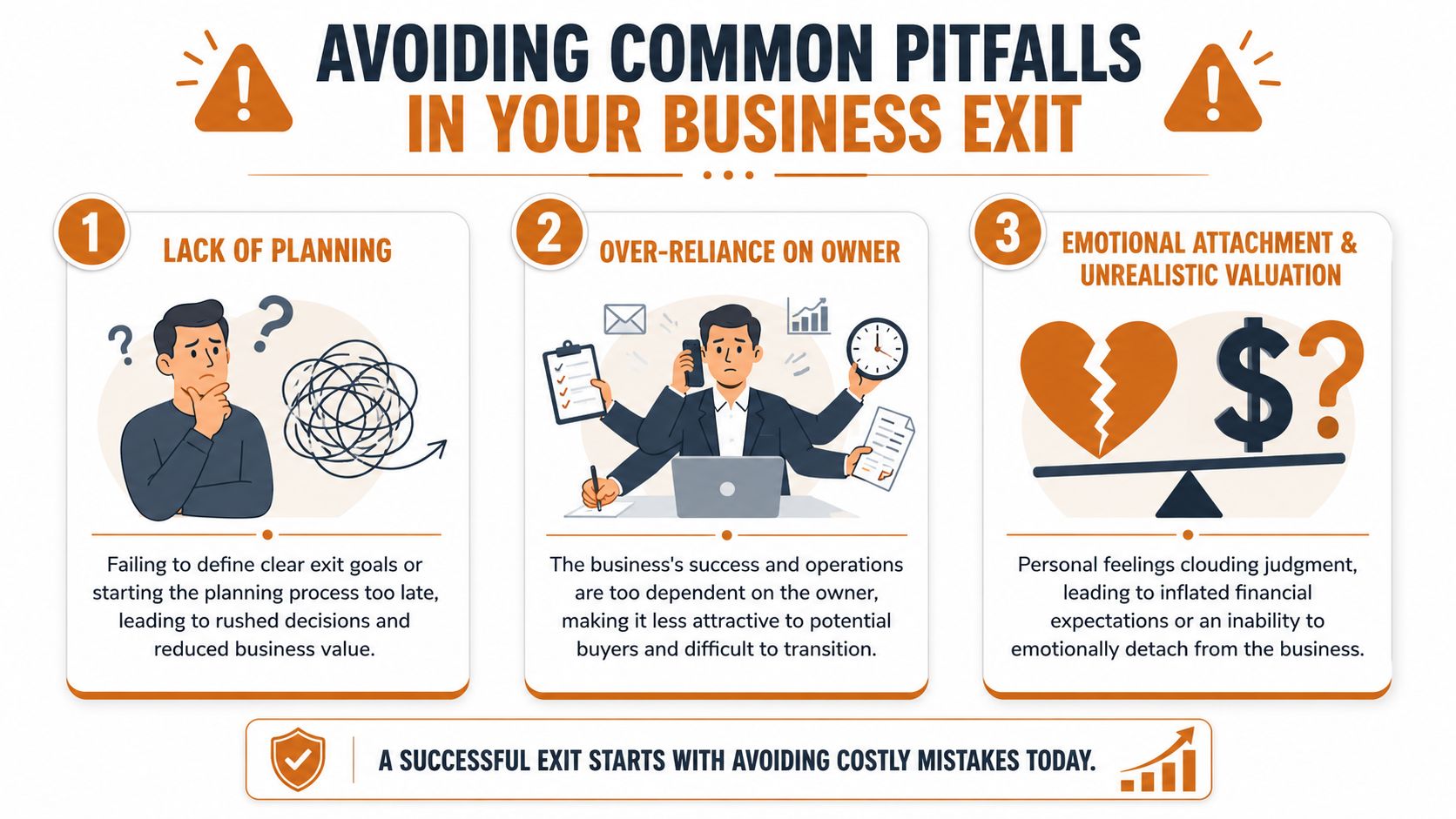 An infographic titled Avoiding Common Pitfalls in Your Business Exit highlighting three key mistakes for owners.