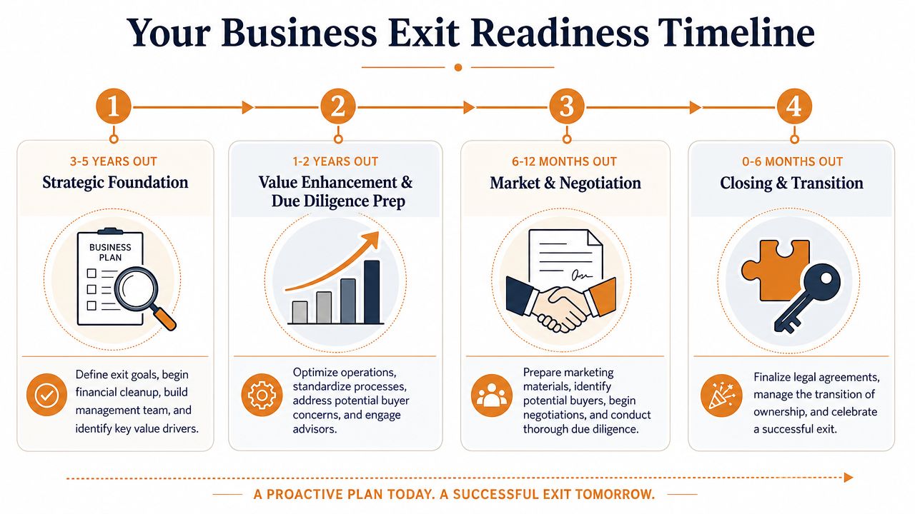 A four-step business exit readiness timeline outlining strategic preparation stages for business owners planning their future exit.