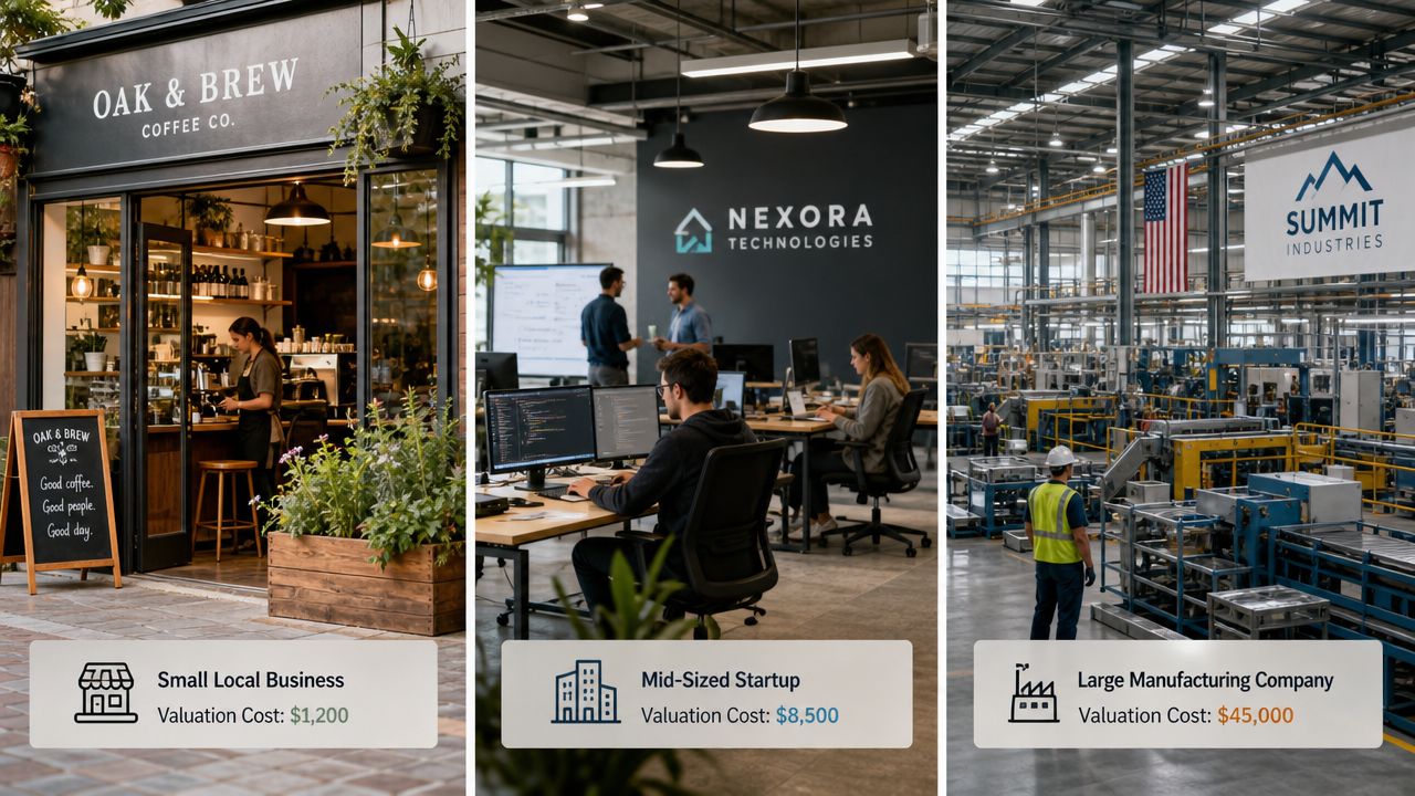 A comparison image showing business valuation costs for a small local business, mid-sized startup, and large manufacturing company.