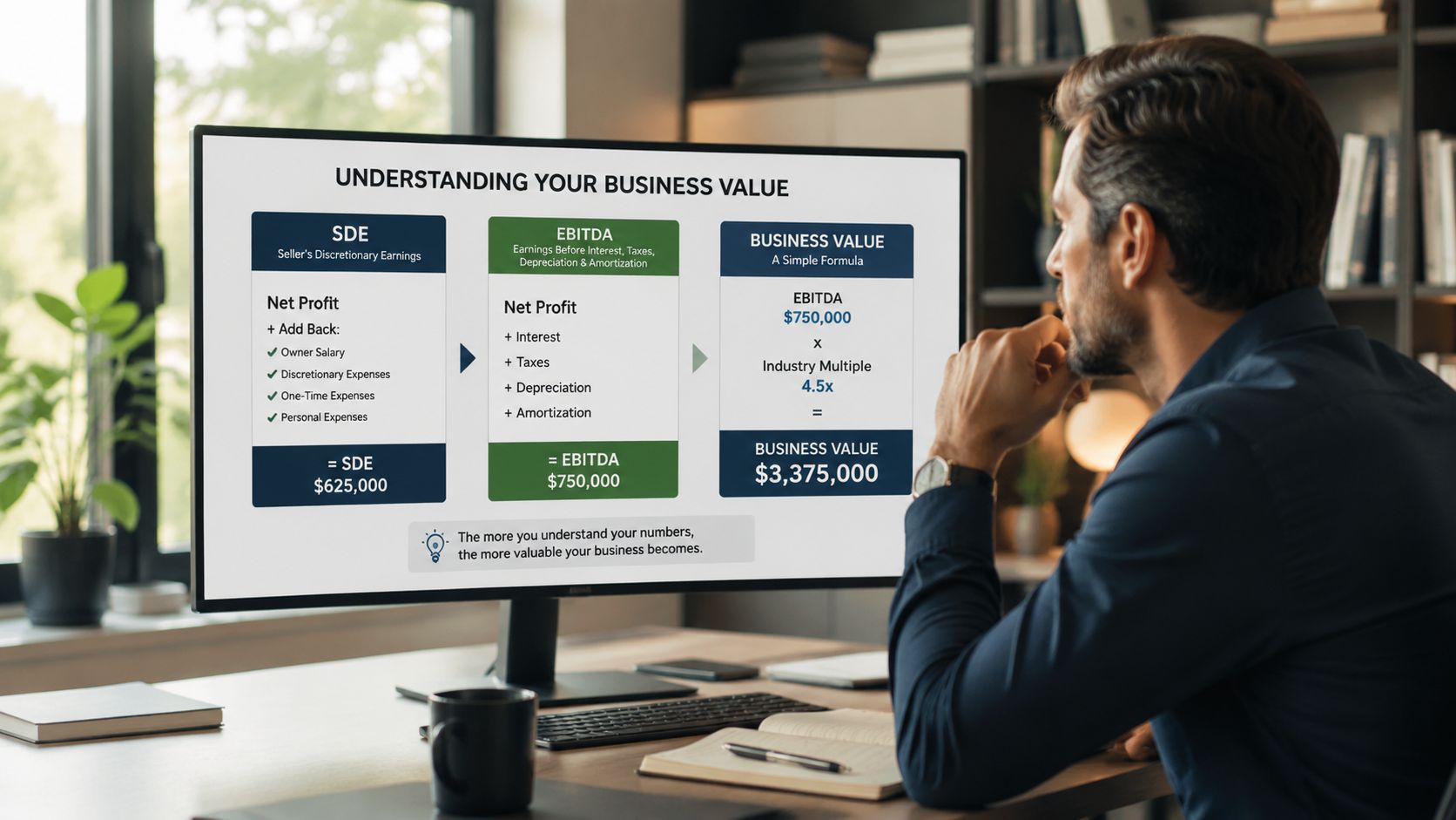 A professional man reviewing a business valuation presentation on a computer screen showing SDE and EBITDA calculations.