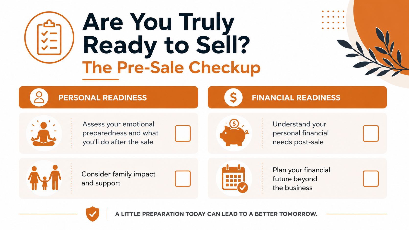 An infographic checklist guiding business owners through personal and financial readiness steps before selling their company.
