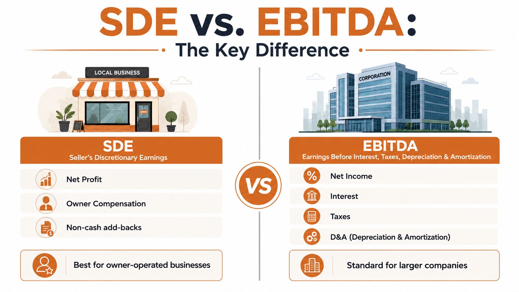 A comparison infographic showing the key differences between SDE for small businesses and EBITDA for corporations.