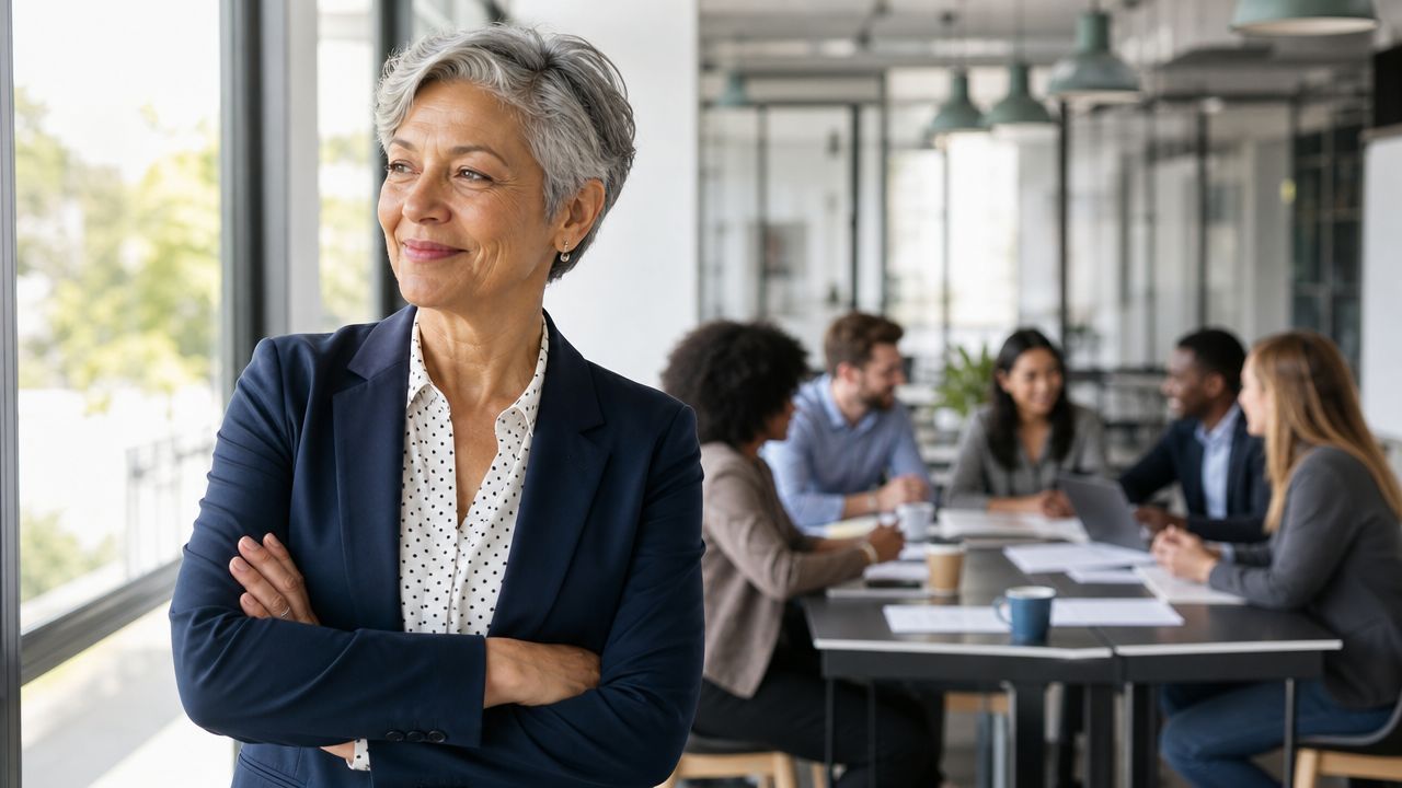 A confident middle-aged businesswoman smiling as she stands in front of her team in a modern office.