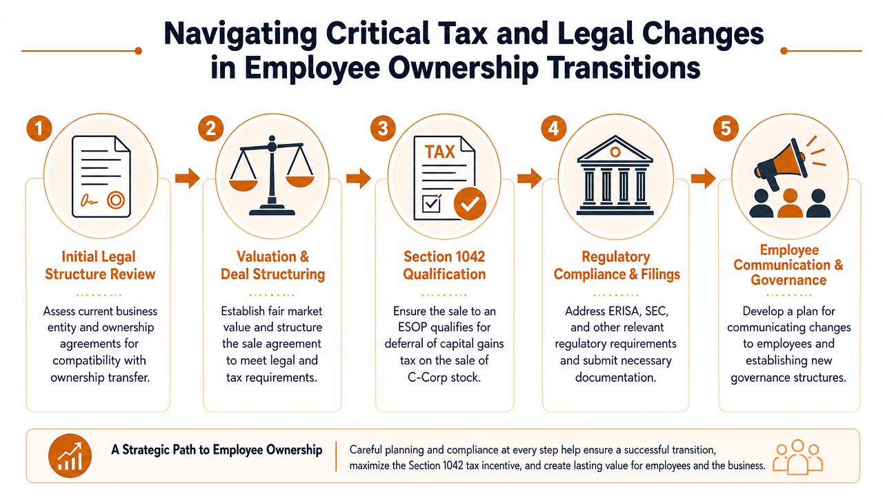 A flowchart showing five key steps for business owners navigating legal and tax transitions to employee ownership.