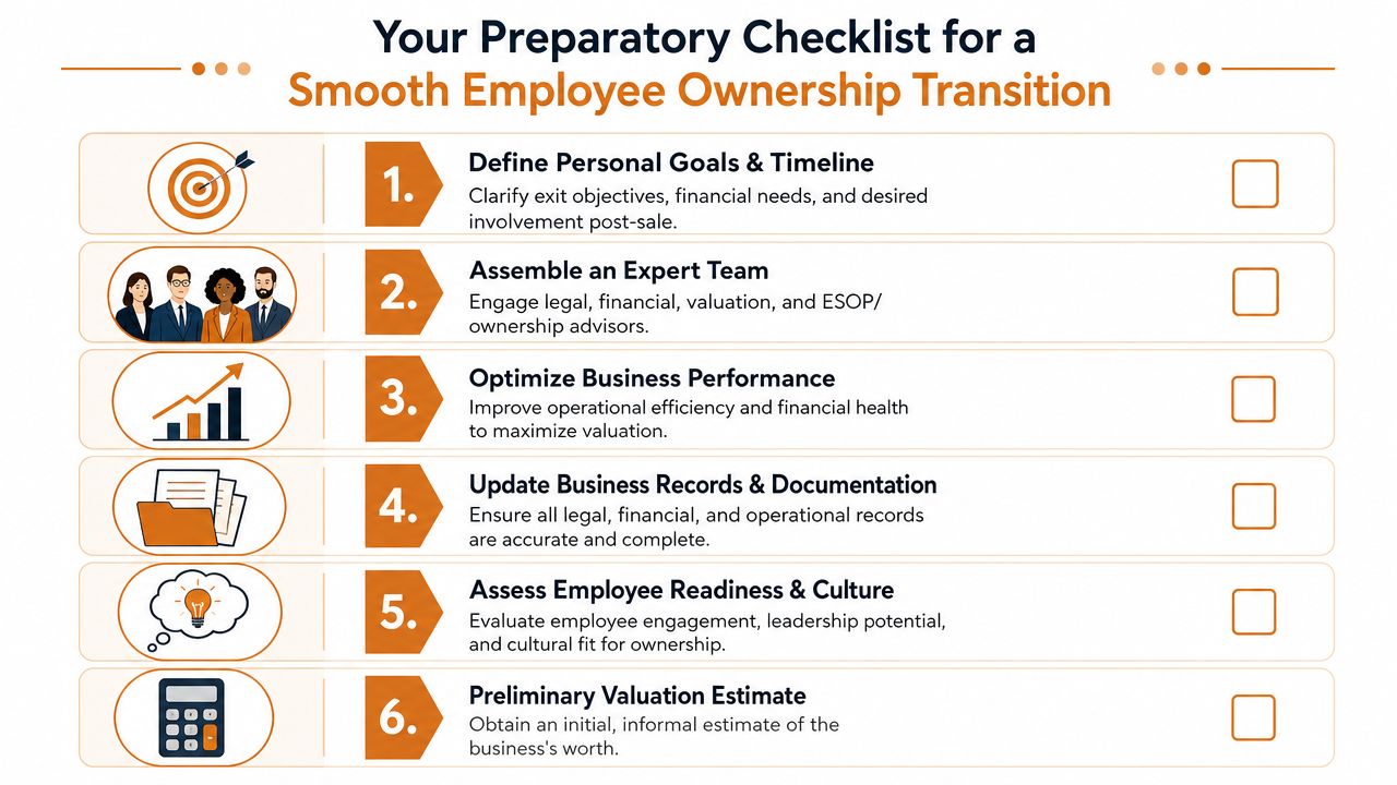 A six-step preparatory checklist for business owners planning a smooth transition to employee ownership.