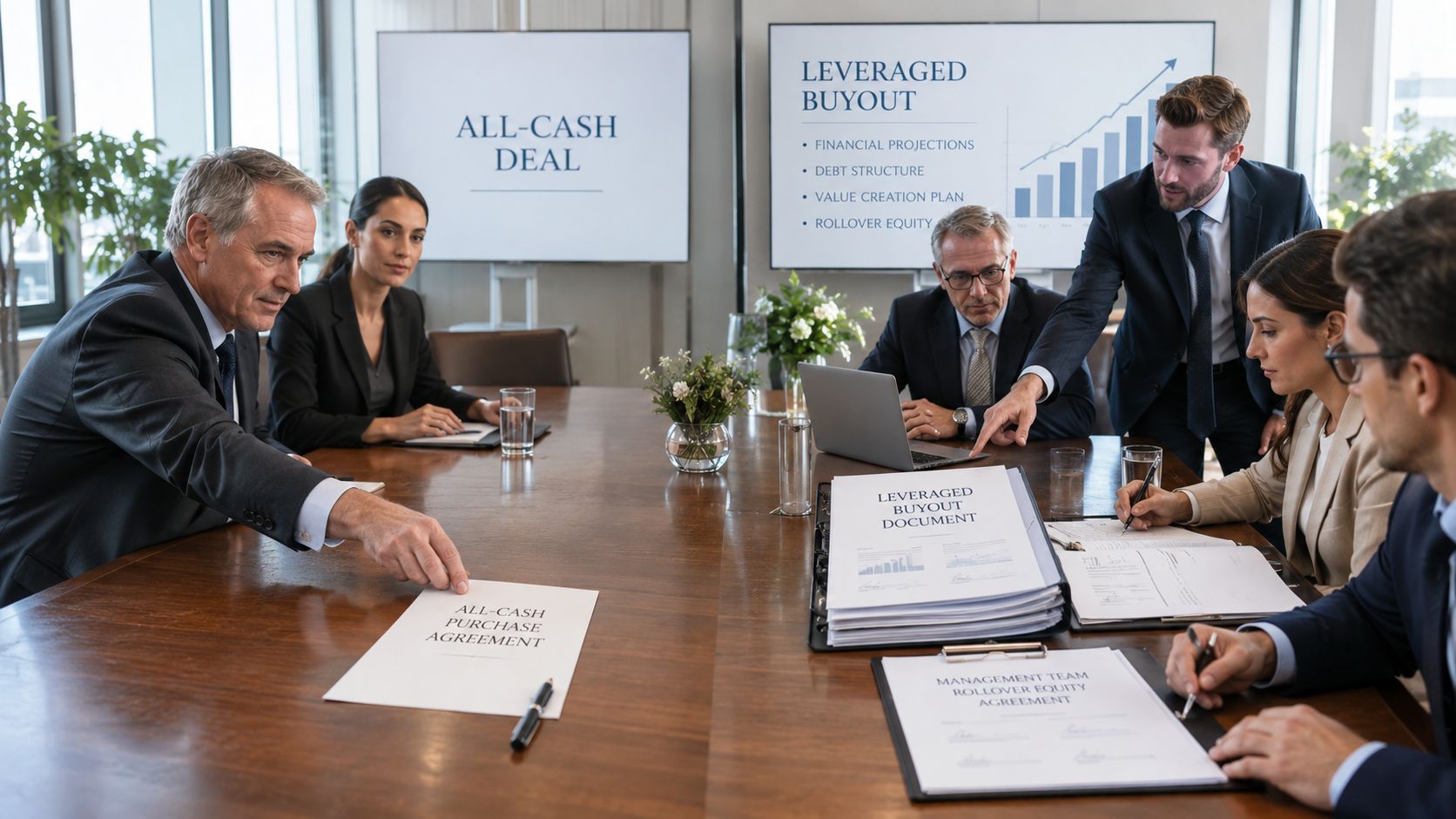 A professional business meeting where executives discuss all-cash deals versus leveraged buyout strategies in a boardroom.