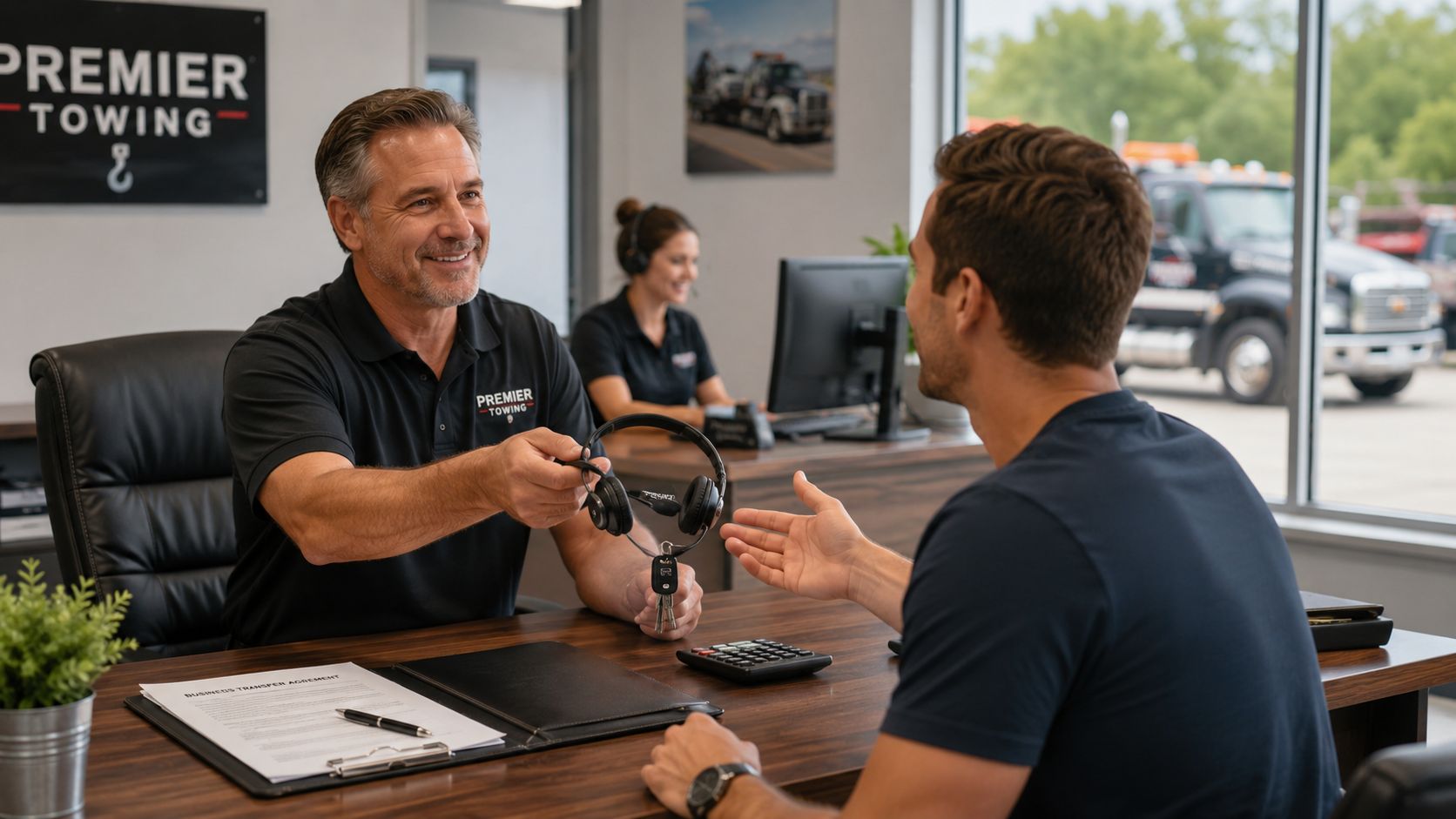 A professional business meeting at a towing company office, with an owner handing over keys to a buyer.