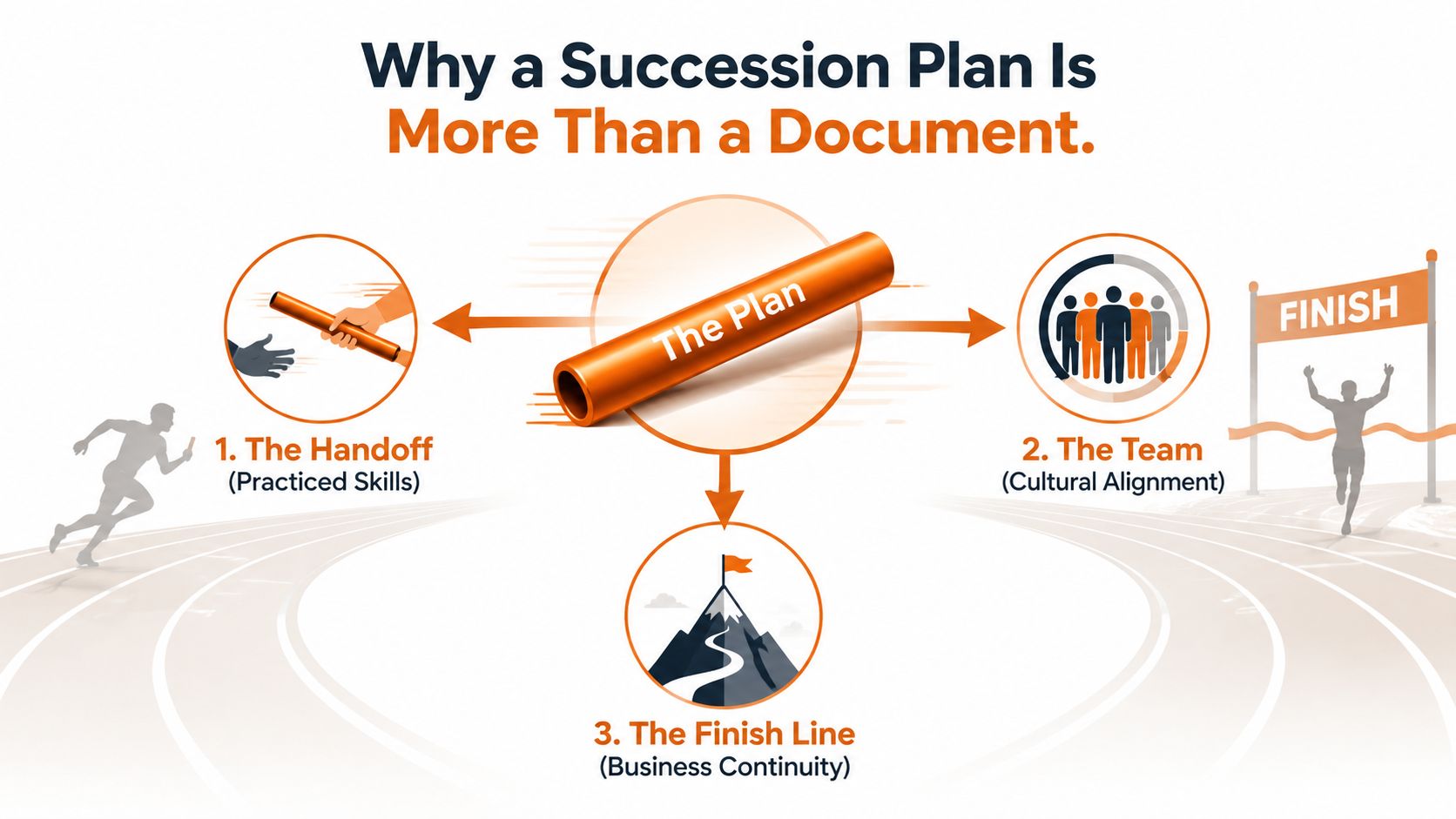 An infographic illustrating succession planning as a relay race, emphasizing handoffs, team alignment, and business continuity.