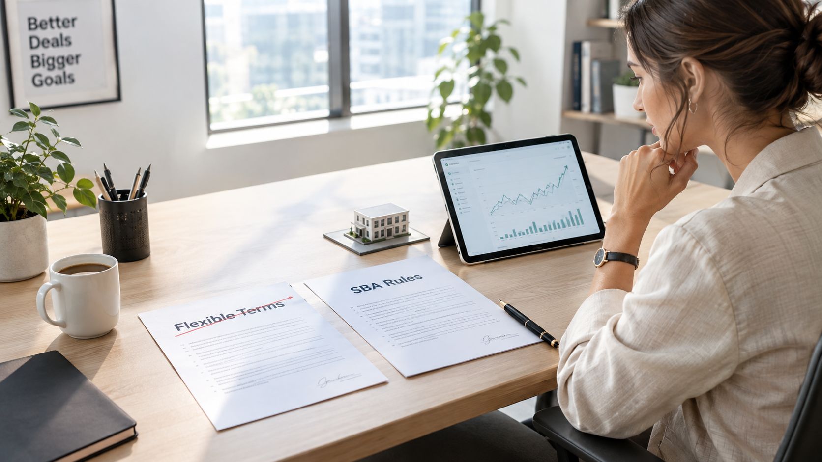 A businesswoman sitting at a desk reviewing documents about SBA rules and seller financing strategies.