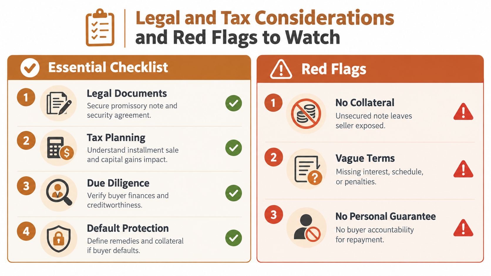An infographic detailing essential legal and tax considerations and common red flags for seller financing agreements.