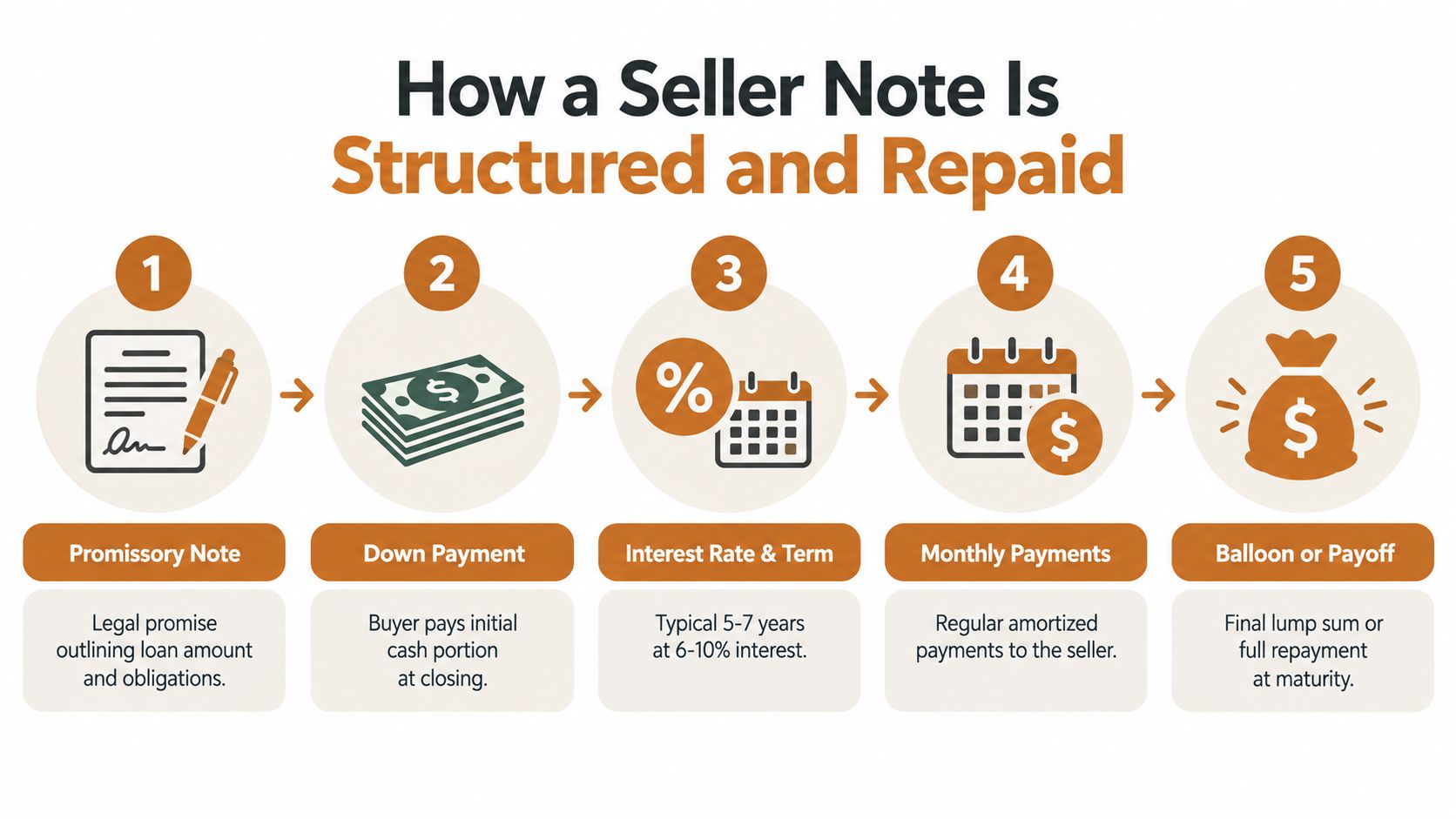 An infographic showing the five-step process for how a seller note is structured and repaid.